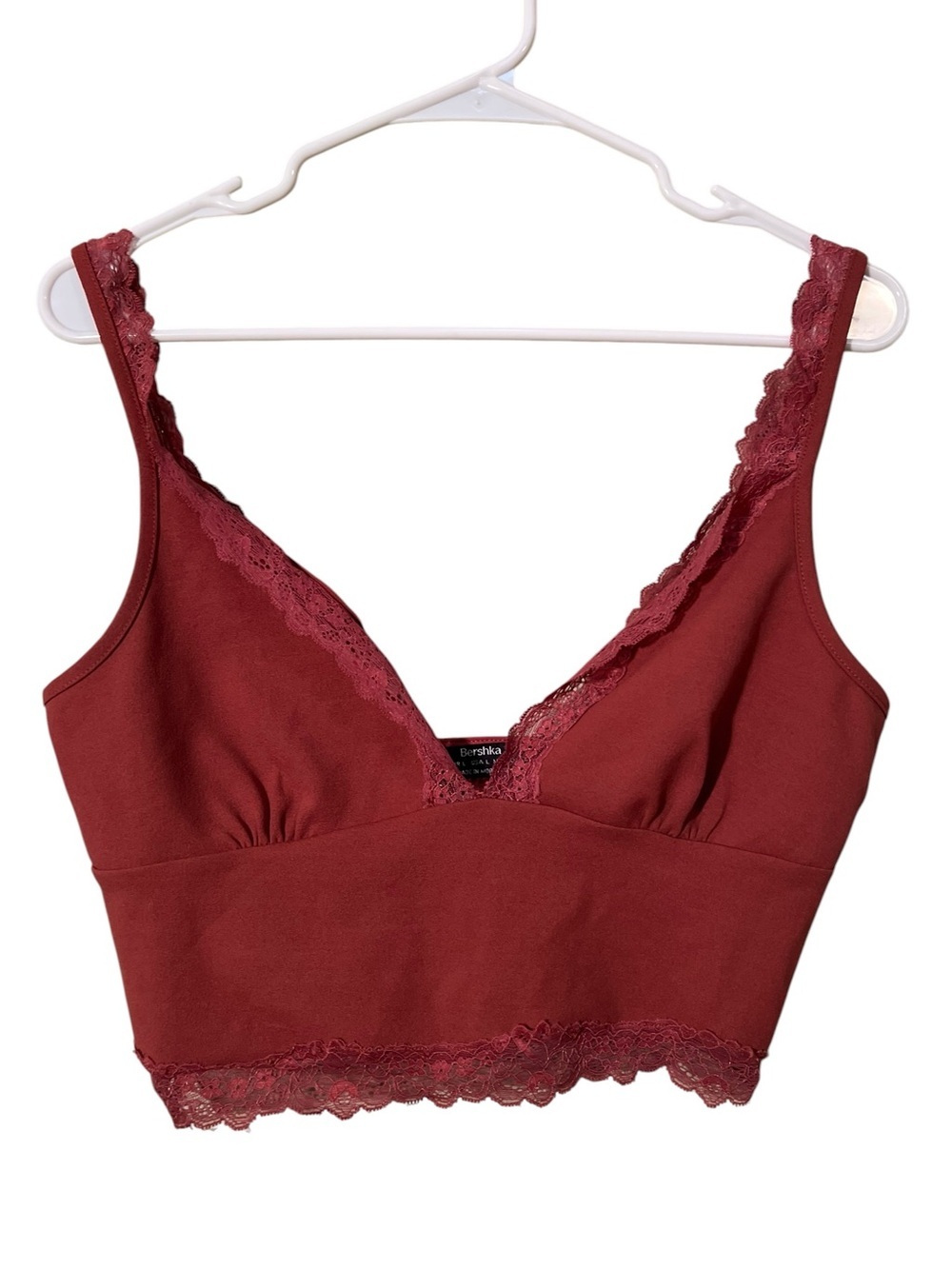 Bershka Womens Size Large Cropped Tank Top V-Neck Rust Red Orange Pink Lace Trim